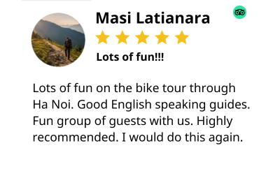 A screenshot of a review from masi latianara says lots of fun on the bike tour through ha noi.
