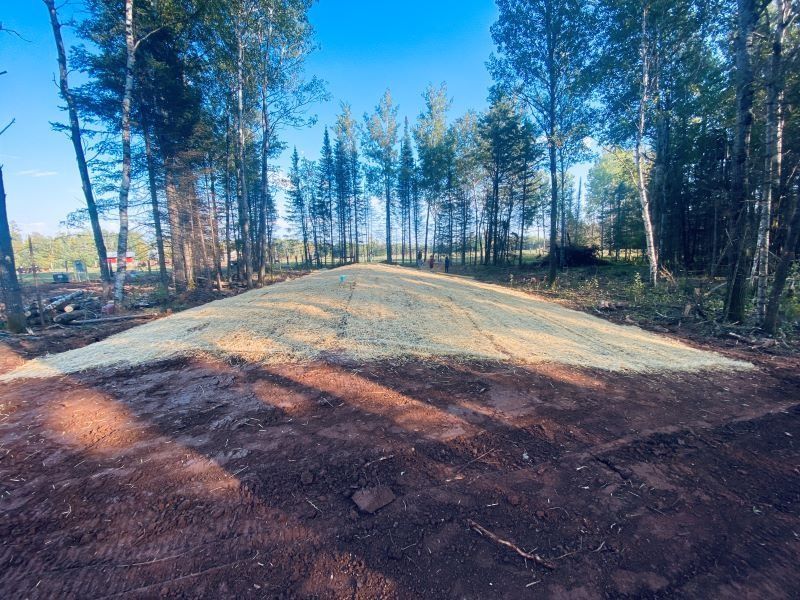 Dirt road leading into a wooded area, recently graveled; clear blue sky.