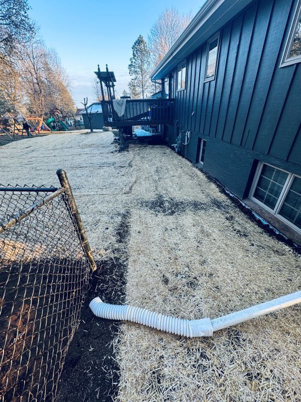 Backyard view, green house with a white gutter, lawn with mulch, fence, and a deck.