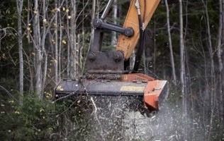 An excavator with a mulching head cutting through a forest, creating wood chips.