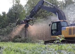 A yellow excavator with a grinding attachment mulches trees in a grassy field.