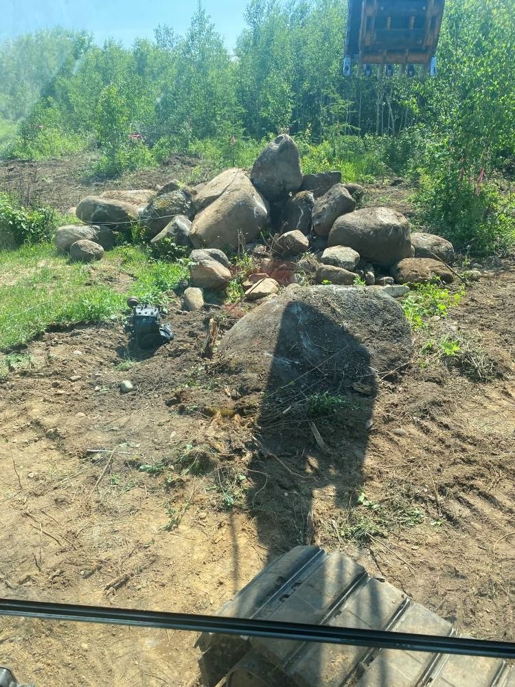 A pile of large rocks on a dirt hill; trees and a wooden structure in the background.