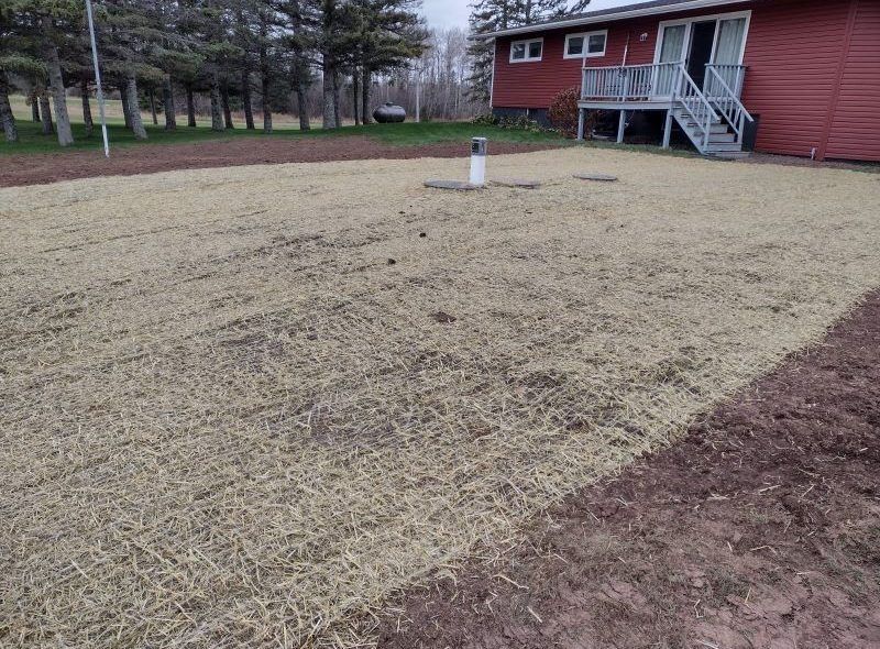 Newly seeded yard covered in straw mulch, next to a red house with white stairs.