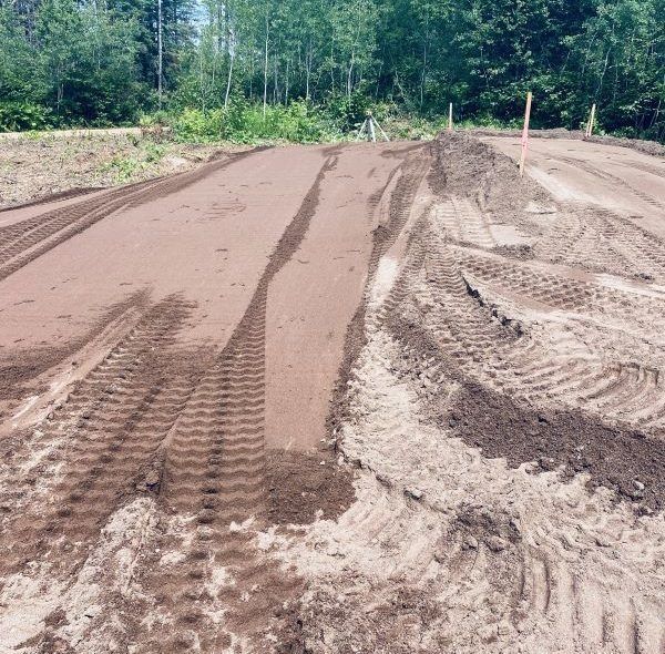 Dirt track with tire tracks, prepared for a race, with trees in the background.