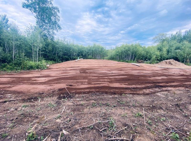 Cleared dirt field with trees in the background, under a cloudy sky.
