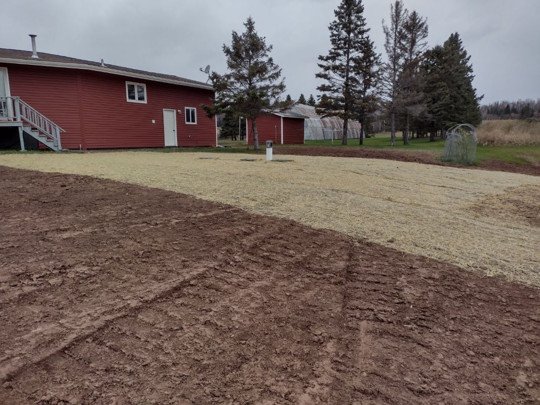 A red house with a gravel yard, mud in the foreground, and trees in the background under a cloudy sky.