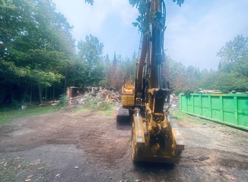 Yellow excavator clearing debris in a wooded area, a green dumpster is on the right.