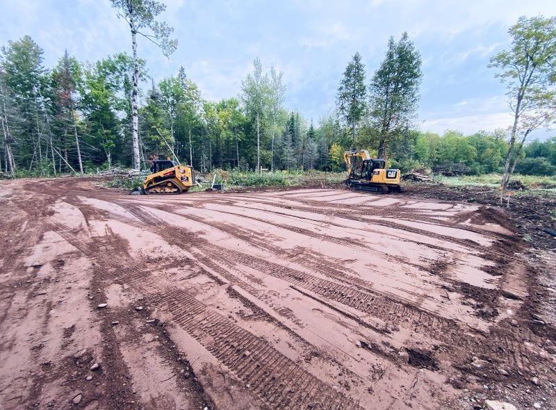 Two bulldozers on a muddy clearing in a forest, preparing land.