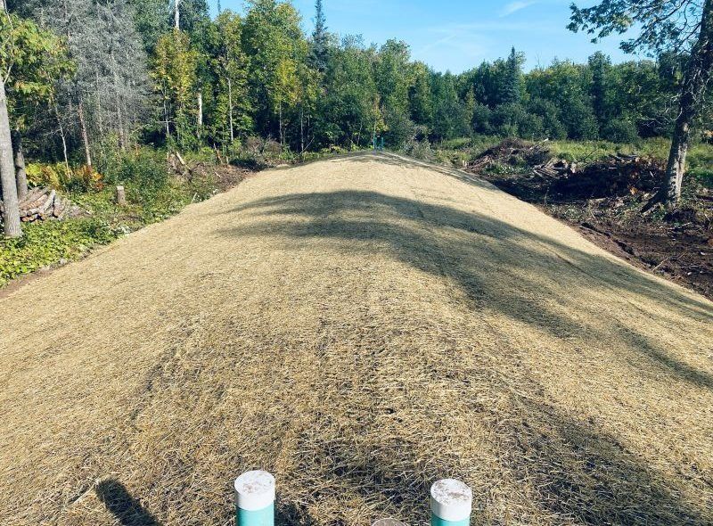 Hillside covered in straw matting, two blue and white posts in foreground, trees in background.