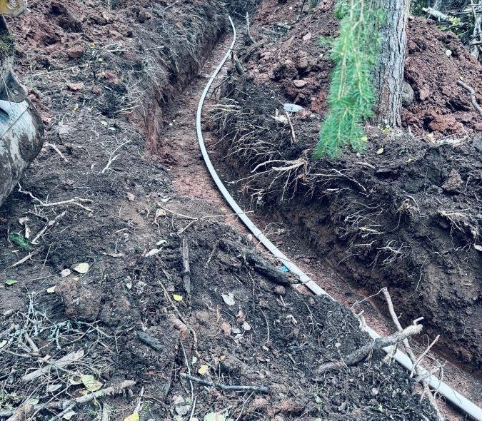 White pipe in a narrow trench dug in dark, earthy soil, near tree roots.