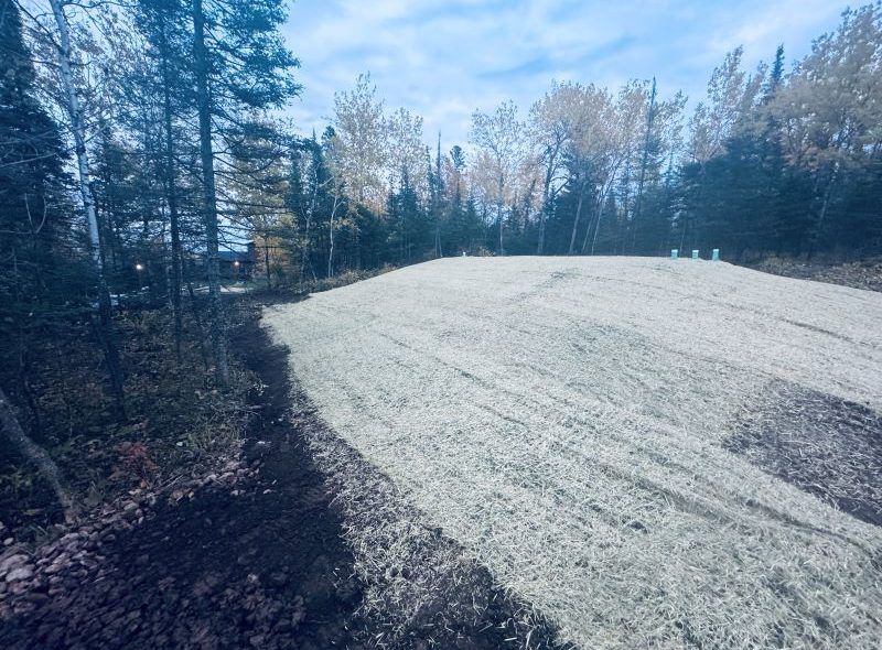 Cleared, graded land covered in straw, surrounded by trees, possibly for construction.