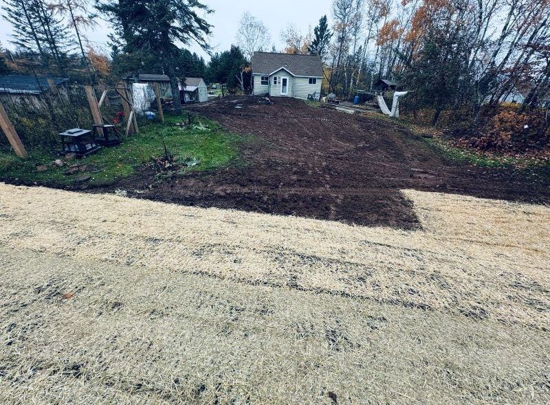 A dirt road transitions to a mulched incline leading to a small house; cloudy day.