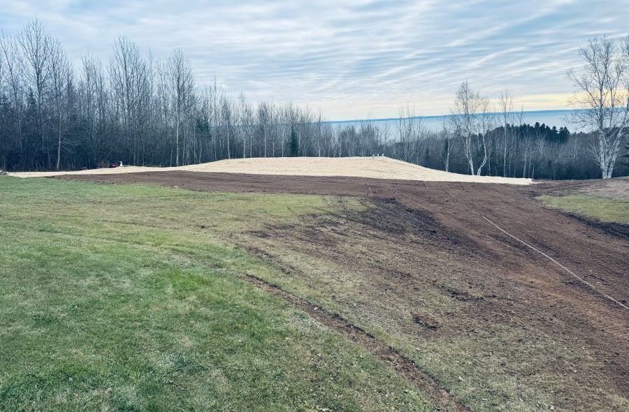A sloped grassy field with freshly turned earth, a central mound, and a forest backdrop.