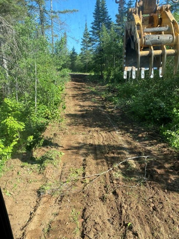 Dirt road carved through trees, heavy machinery in the background, sunny day.