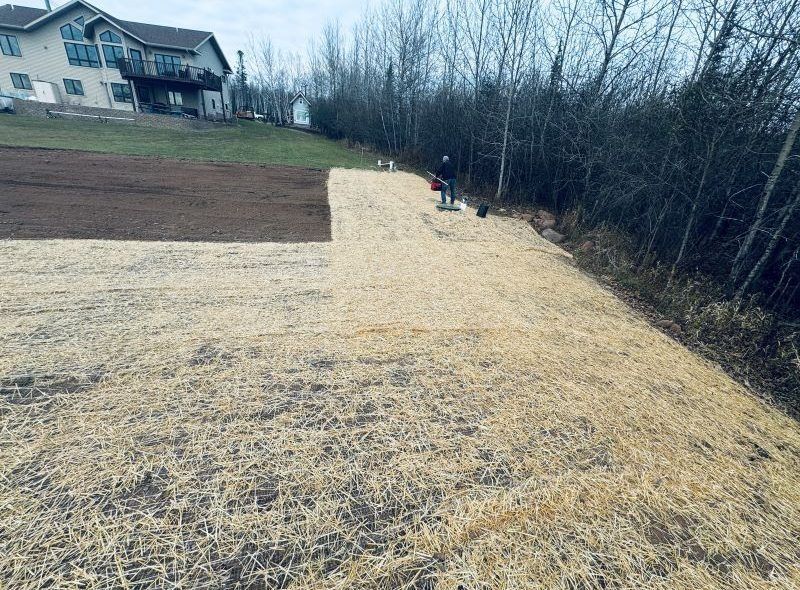 A person on a hillside applies mulch, brown and tan, near a house and trees.