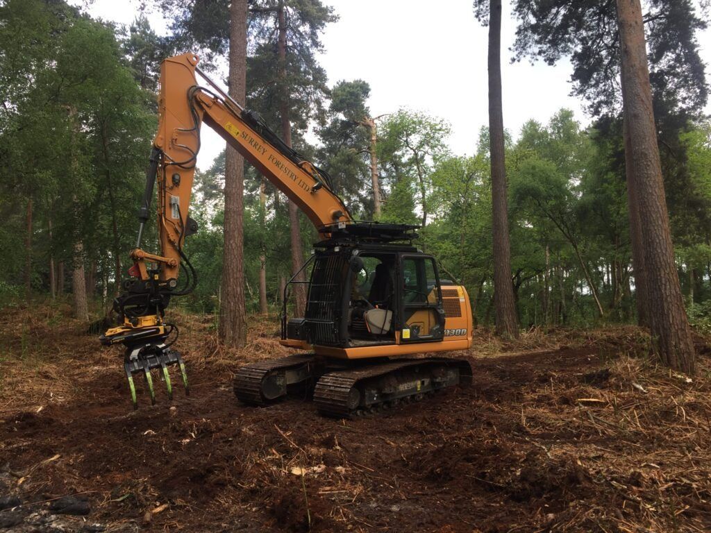 An excavator with grapple attachment clearing debris in a forest.