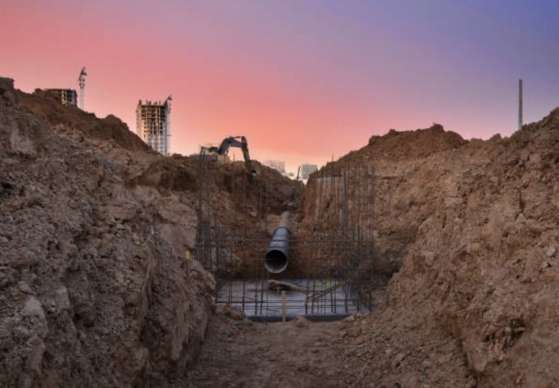 Construction site with pipeline in a deep trench, under a colorful sunset sky.