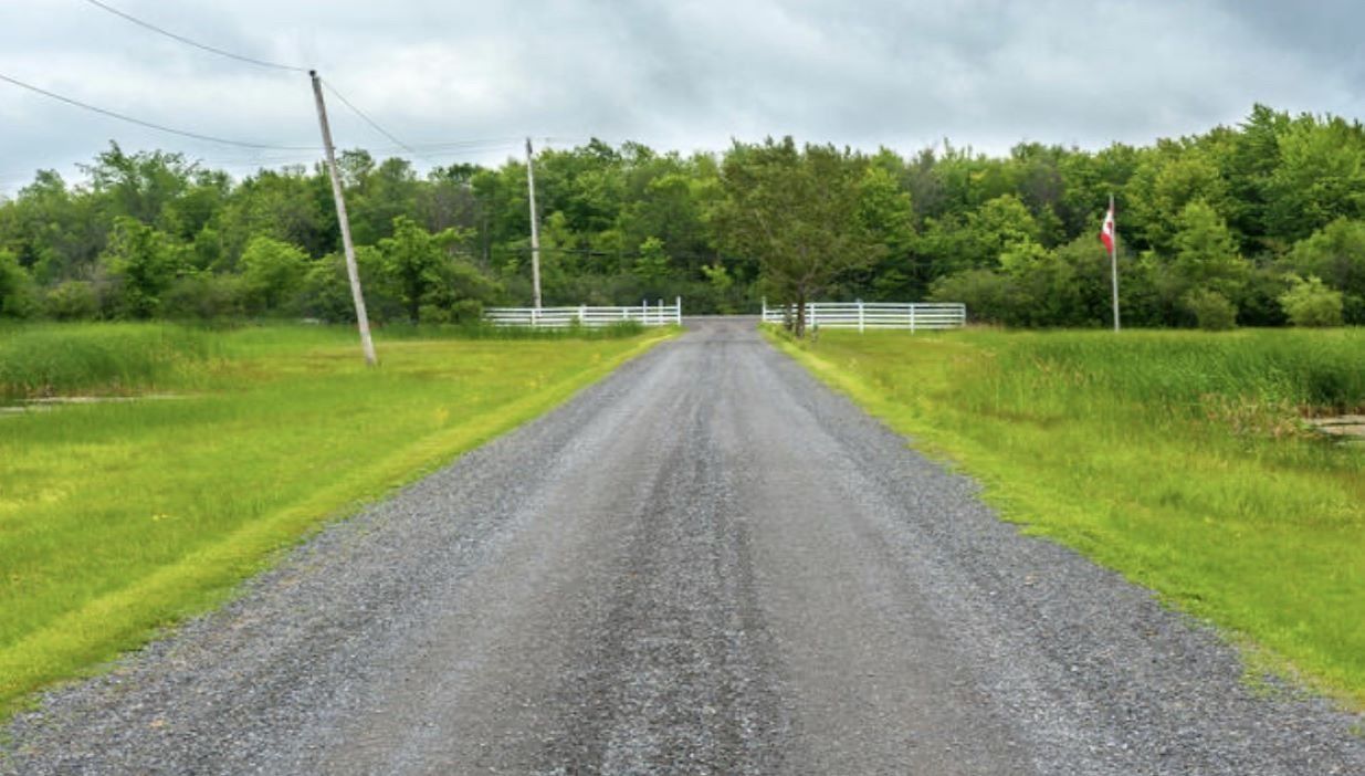 Gravel driveway leading to white gate and treeline; tall grass and cloudy sky.