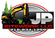 Logo for JP Sitework LLC featuring an excavator, trees, the initials "JP", and a phone number.