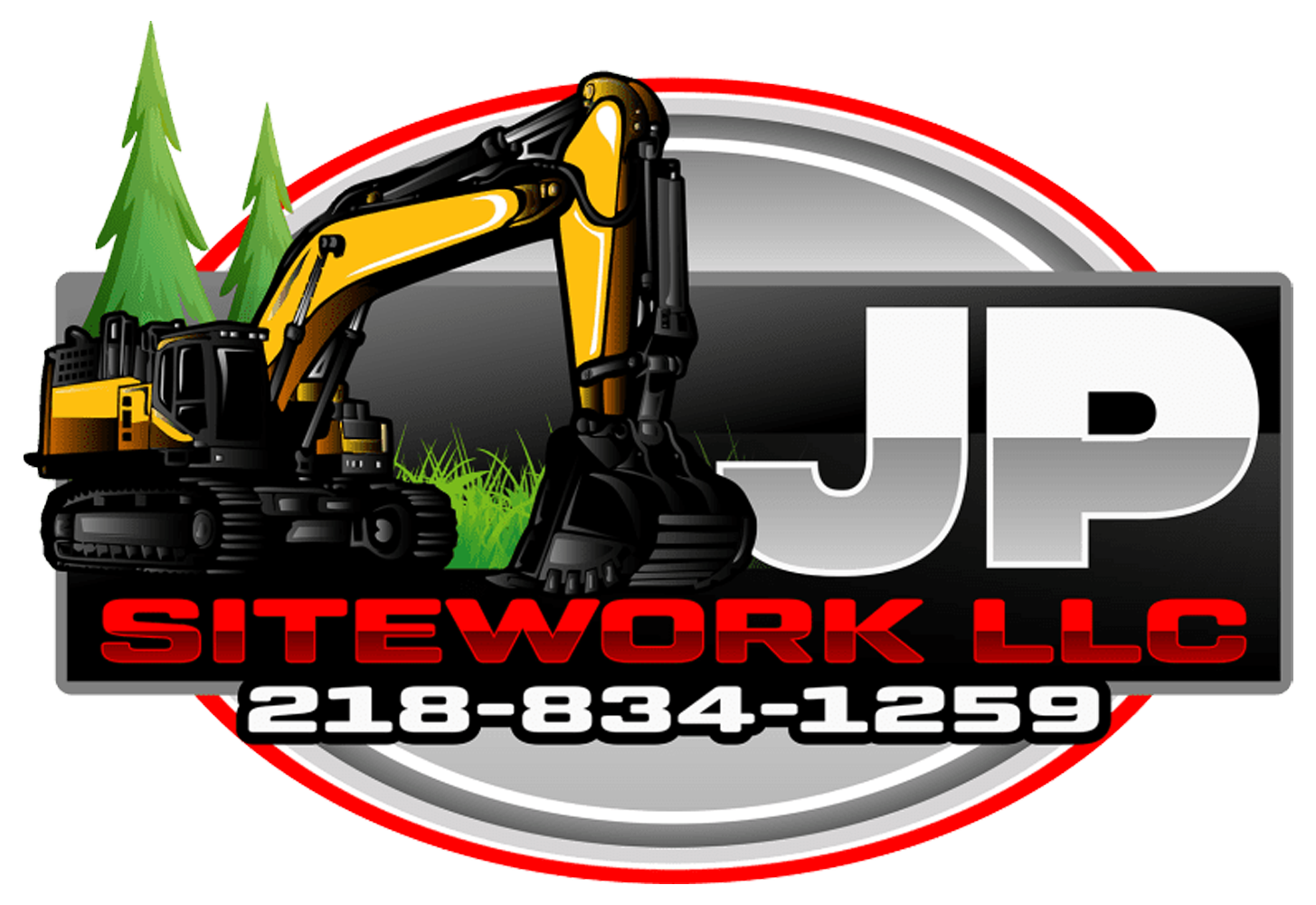 Logo for JP Sitework LLC featuring an excavator, trees, the initials "JP", and a phone number.