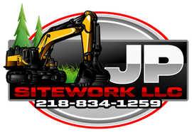 Logo for JP Sitework LLC featuring an excavator, trees, the initials "JP", and a phone number.