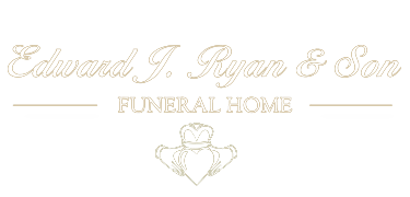 Logo for Edward J. Ryan & Son Funeral Home featuring text above a stylized Claddagh symbol on a dark background.