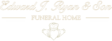 Logo for Edward J. Ryan & Son Funeral Home featuring text above a stylized Claddagh symbol on a dark background.
