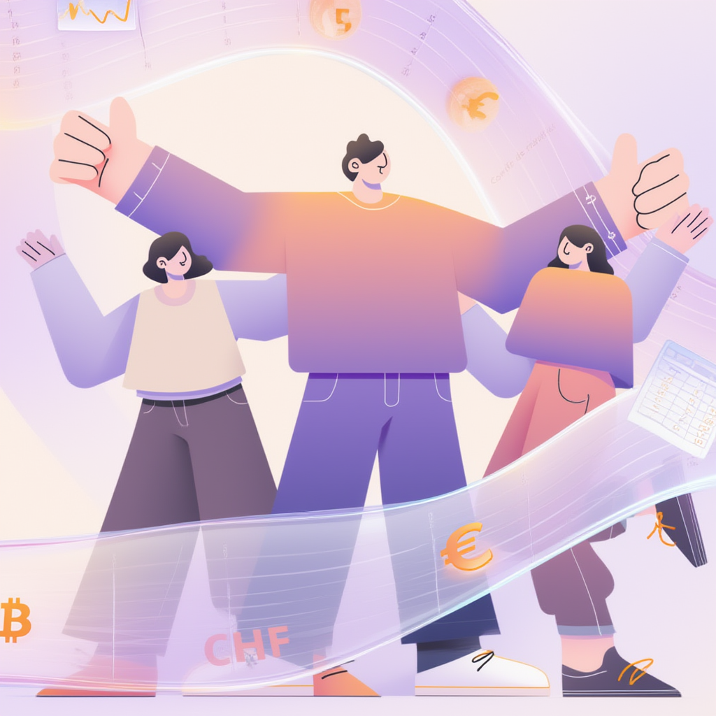 Trois personnes célèbrent le succès : indicateurs financiers, devises, pouce levé.