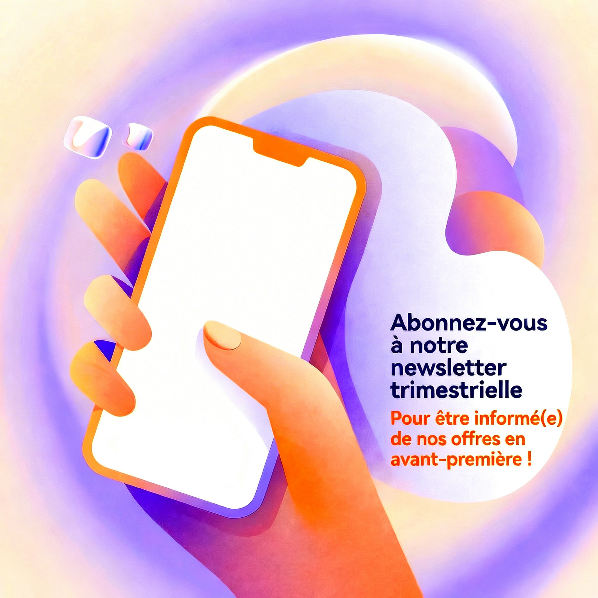 Smartphone avec inscription à la newsletter, texte turquoise, contour violet.