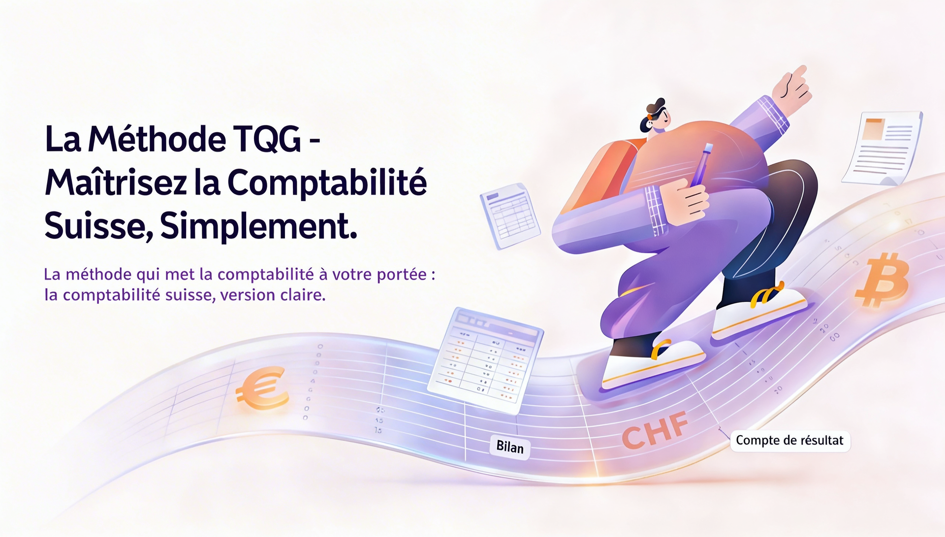 Publicité pour la méthode comptable TQG en Suisse ; ordinateur portable, livres, graphiques et calculatrice sur fond violet.