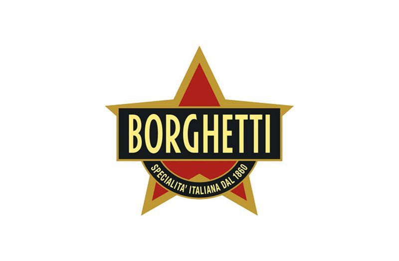 Borghetti logo: black text on a gold and red star, says 