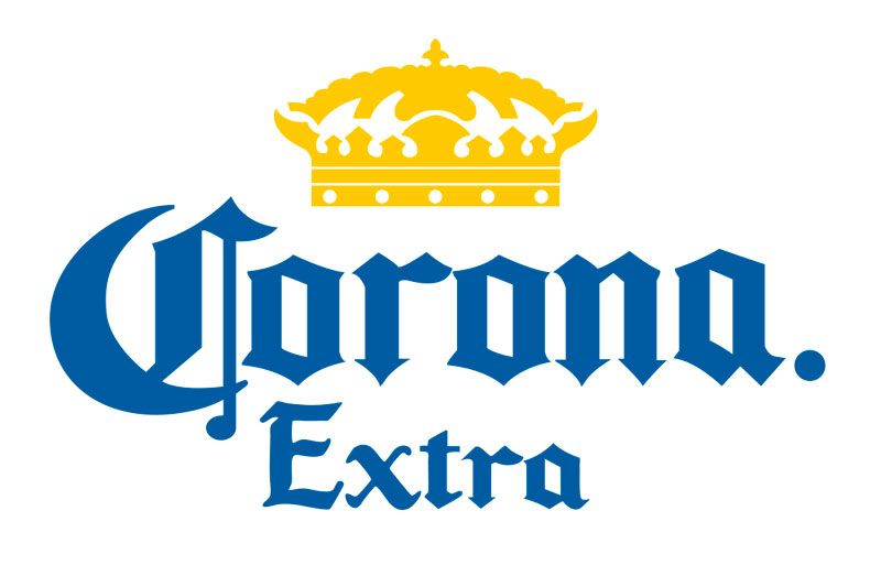 Logo della birra Corona Extra con corona dorata e scritta blu.