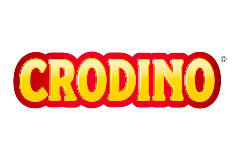 Logo Crodino, testo giallo su un rettangolo arrotondato rosso e giallo.