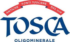 Logo dell'acqua minerale Sorgente Tesorino in una cornice decorata rossa e oro.