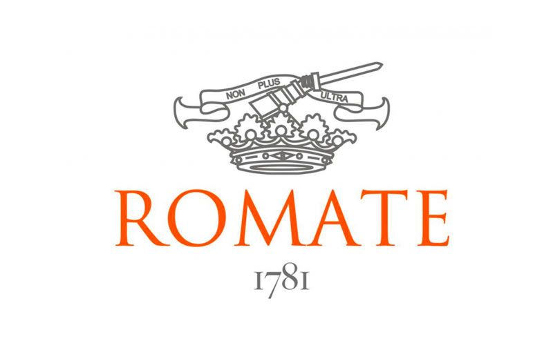 Logo ROMATE: testo arancione sotto una corona e una spada, con l'anno 1781.