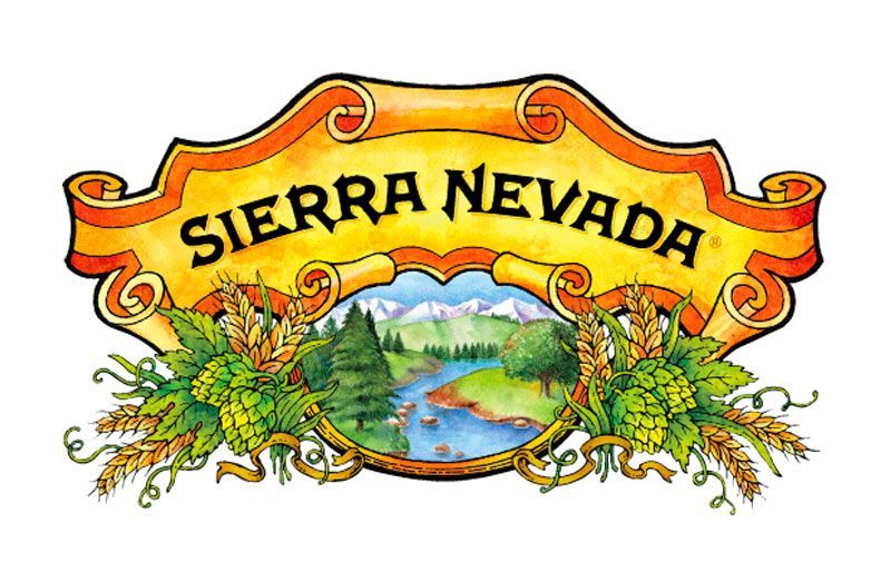 Logo della birra Sierra Nevada con un paesaggio montano, luppoli e grano.