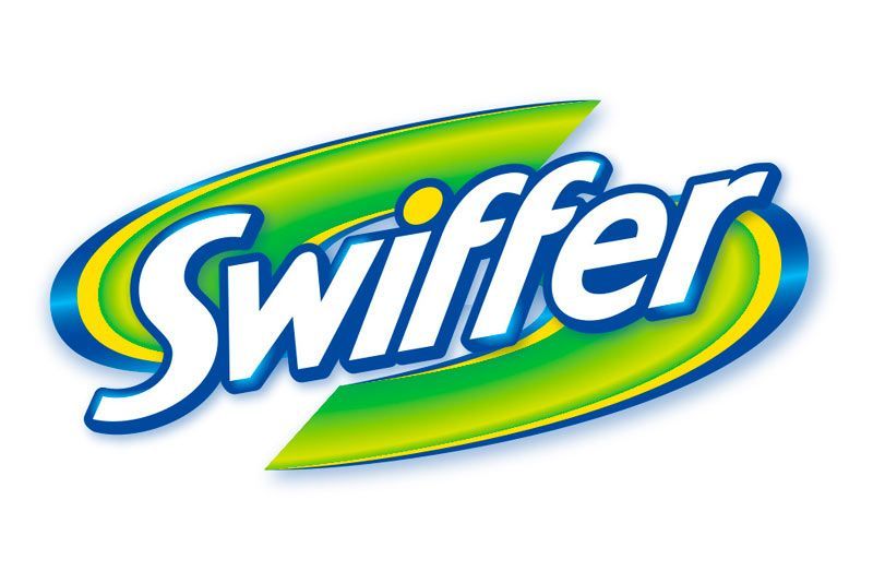 Logo Swiffer con testo bianco su uno swoosh verde e blu.