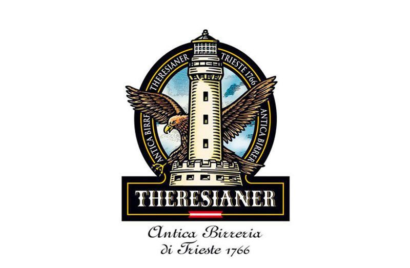 Logo per la birra Theresianer raffigurante un faro con un'aquila e la scritta 