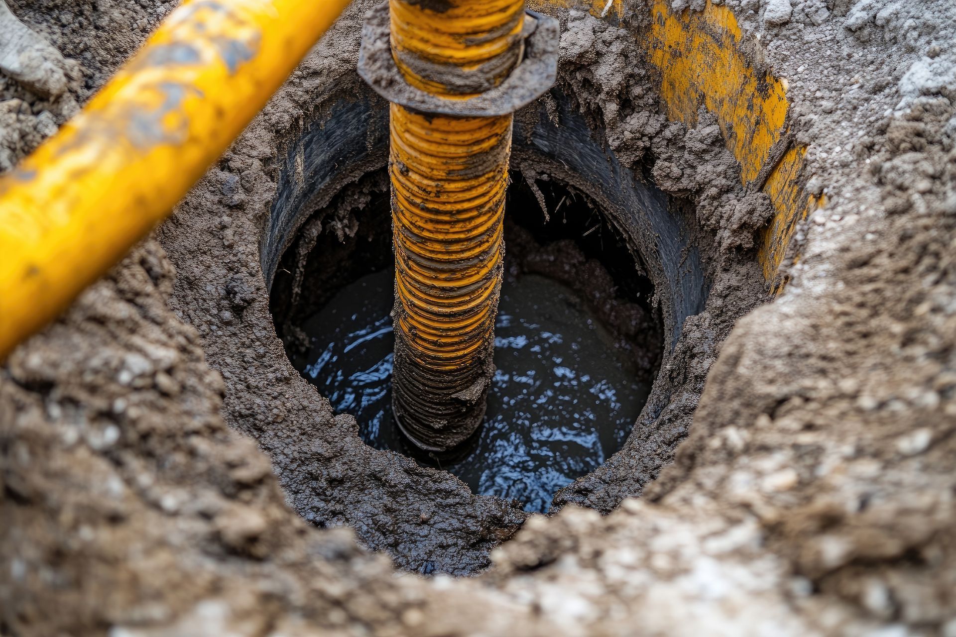 Un tuyau jaune est utilisé pour pomper de l'eau dans un trou dans le sol.