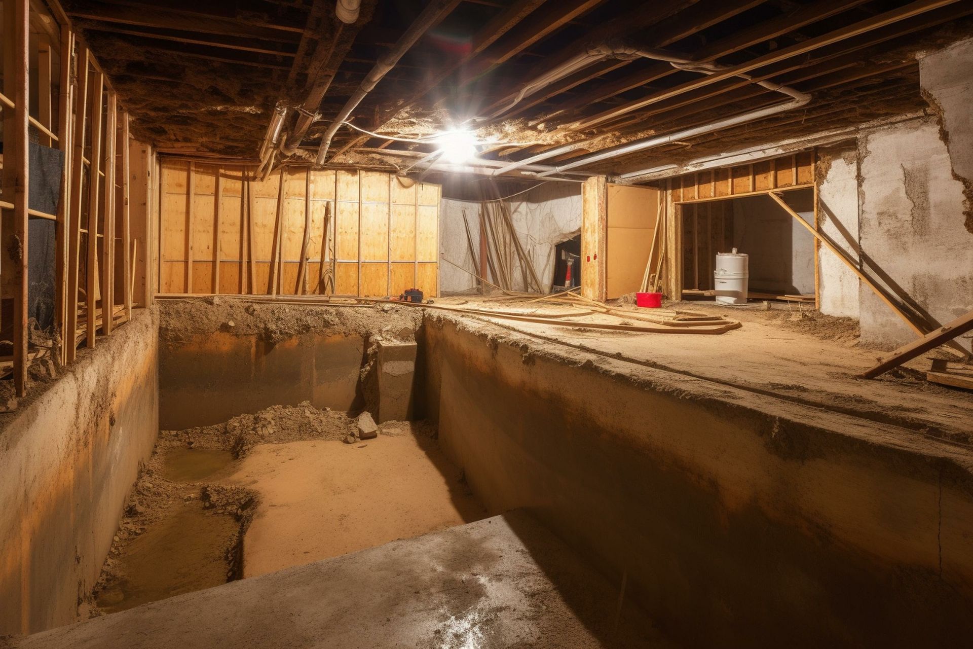 Un sous-sol en construction avec un grand trou dans le sol.