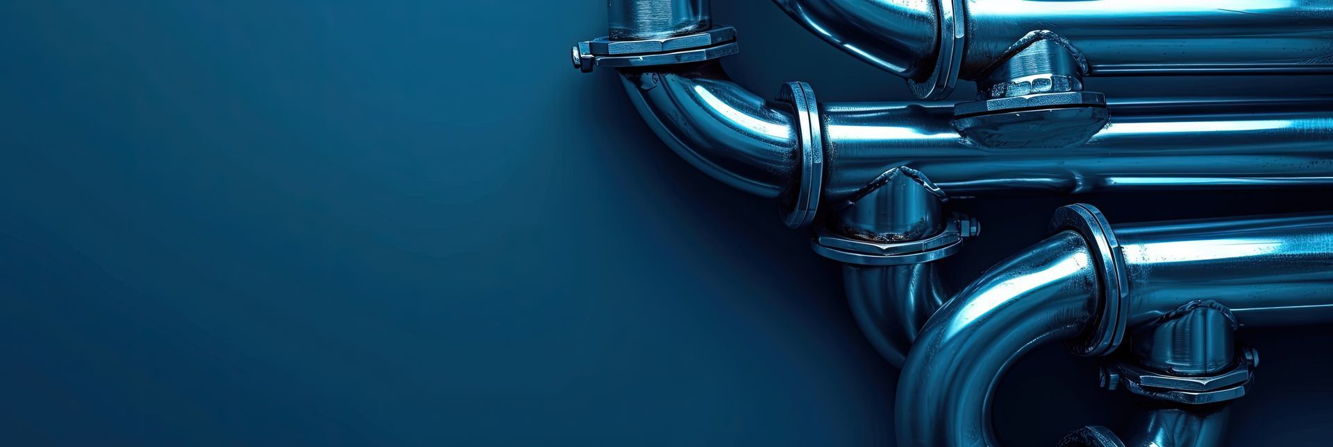 Close-up of polished, reflective metal pipes connected by clamps against a dark blue, smooth background.