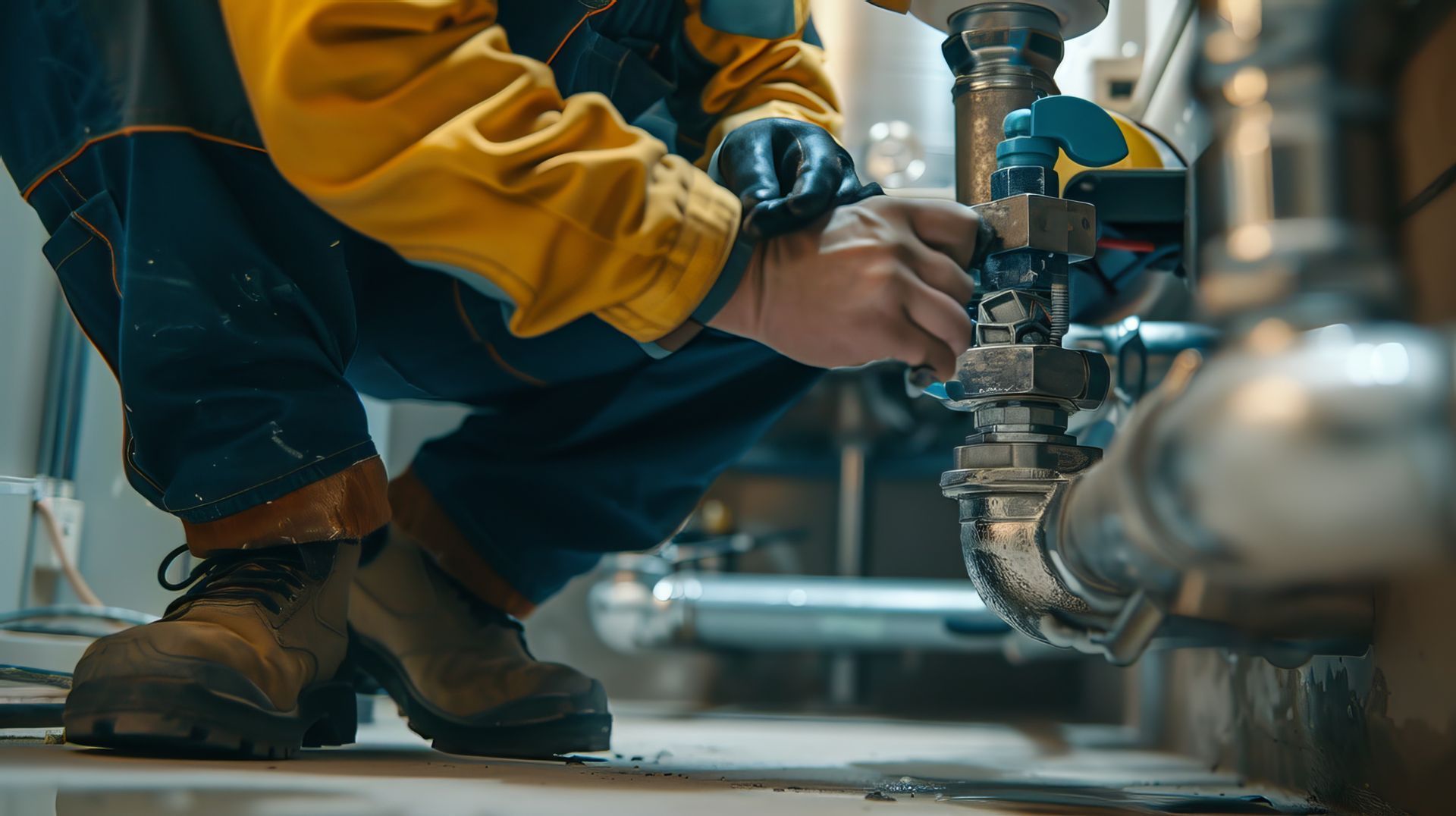 Un plombier travaille sur un tuyau dans une usine.