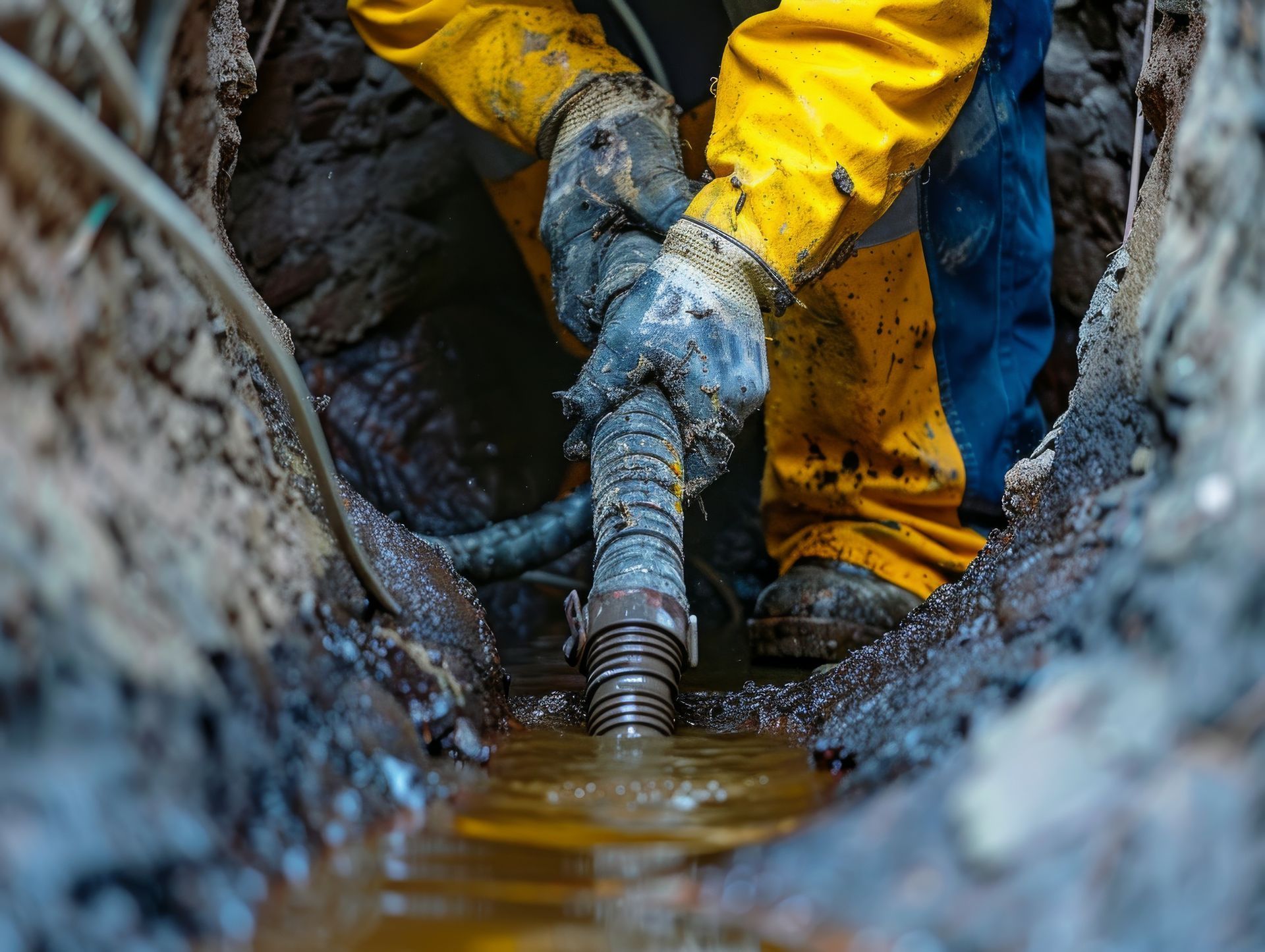 Un homme utilise un tuyau pour pomper de l'eau dans une tranchée.