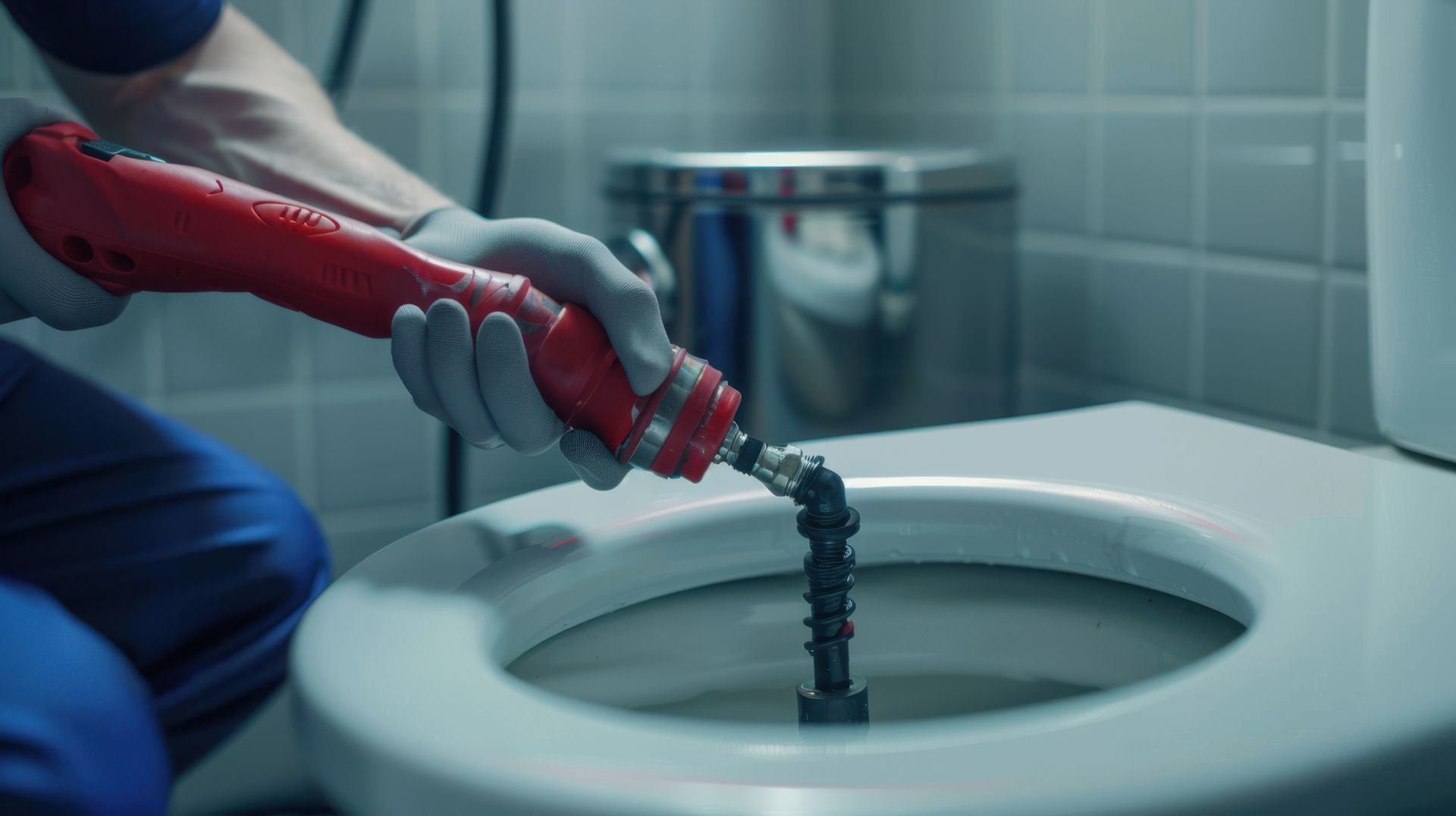 Une personne nettoie les toilettes avec un tuyau.