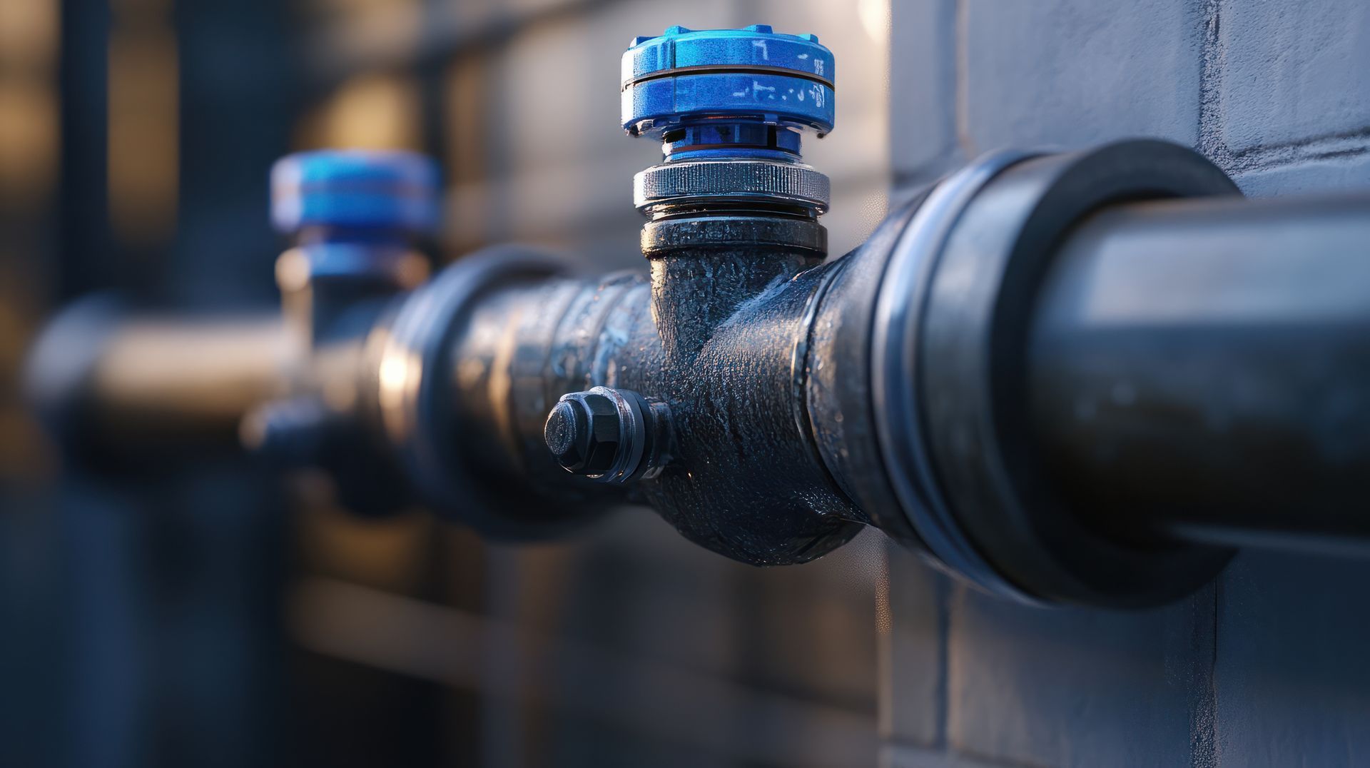 Tuyaux avec vannes bleues contre un mur de briques.