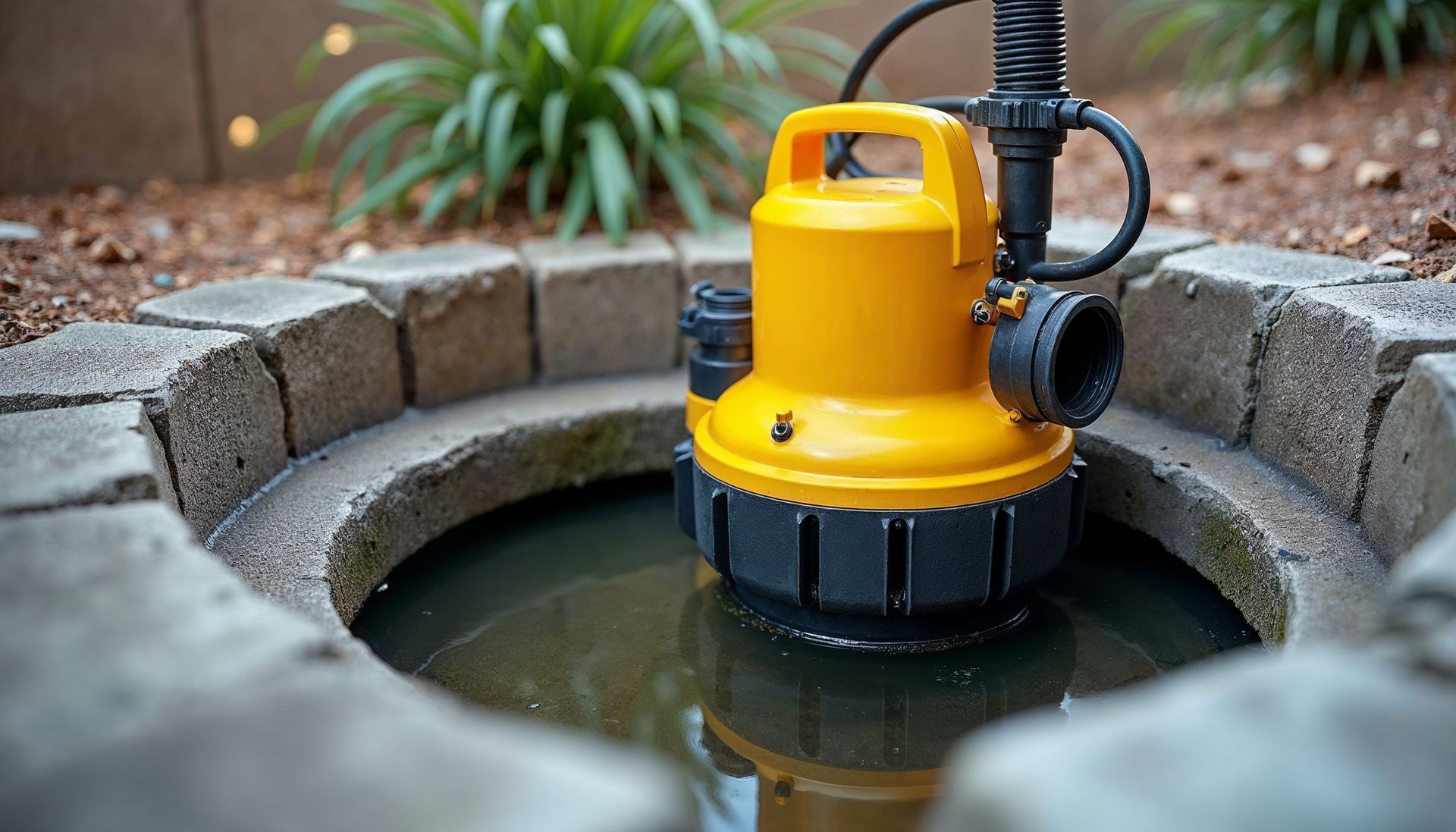 Une pompe submersible jaune est assise dans un étang.