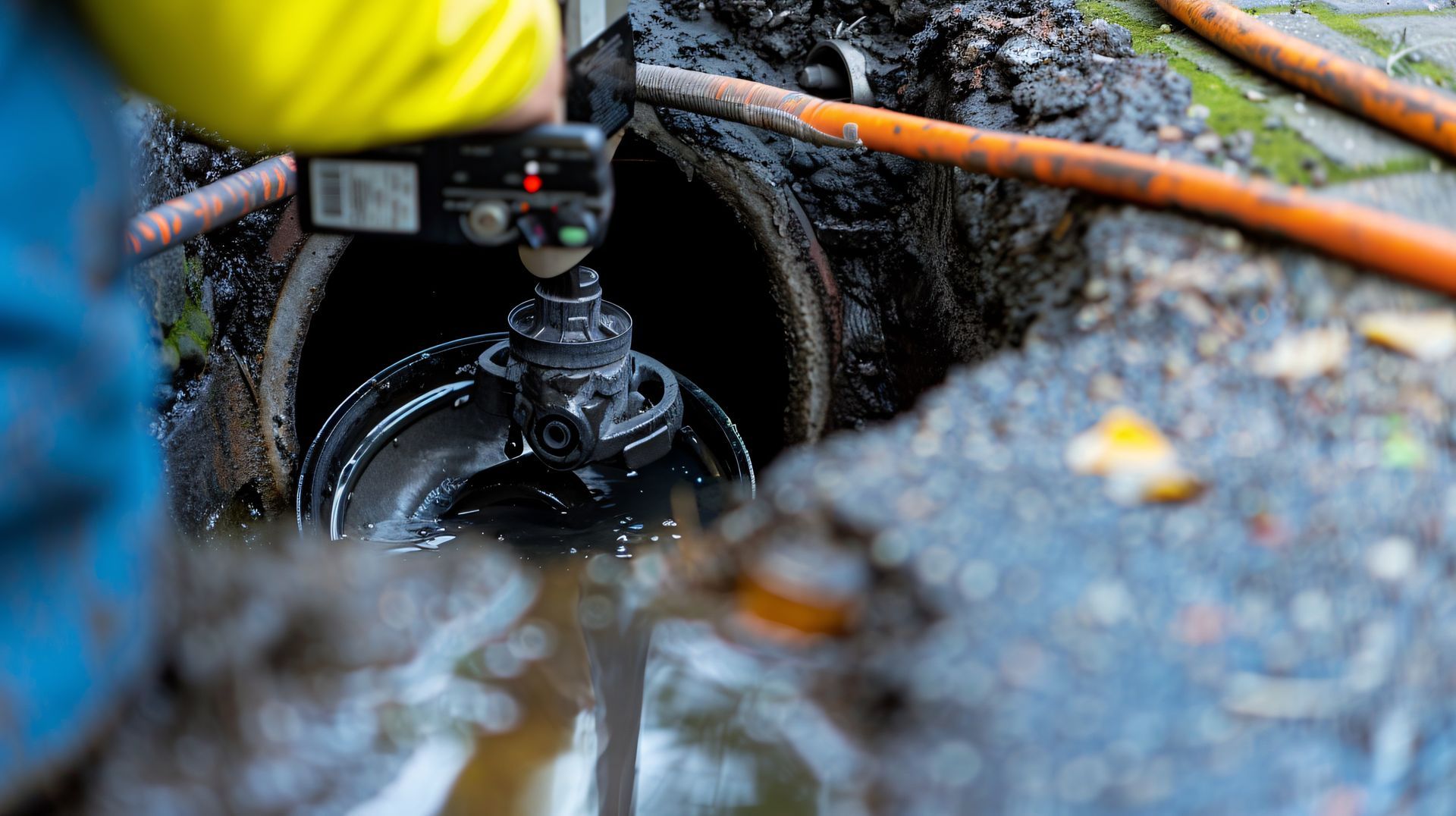 Personne inspectant un égout avec une caméra ; eau sombre et trouble ; décor extérieur.
