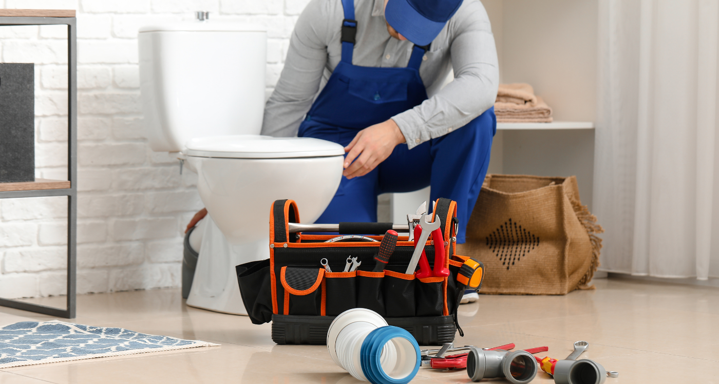A plumber in blue overalls kneels by a toilet in a bathroom, with a tool bag and plumbing parts on the floor nearby.