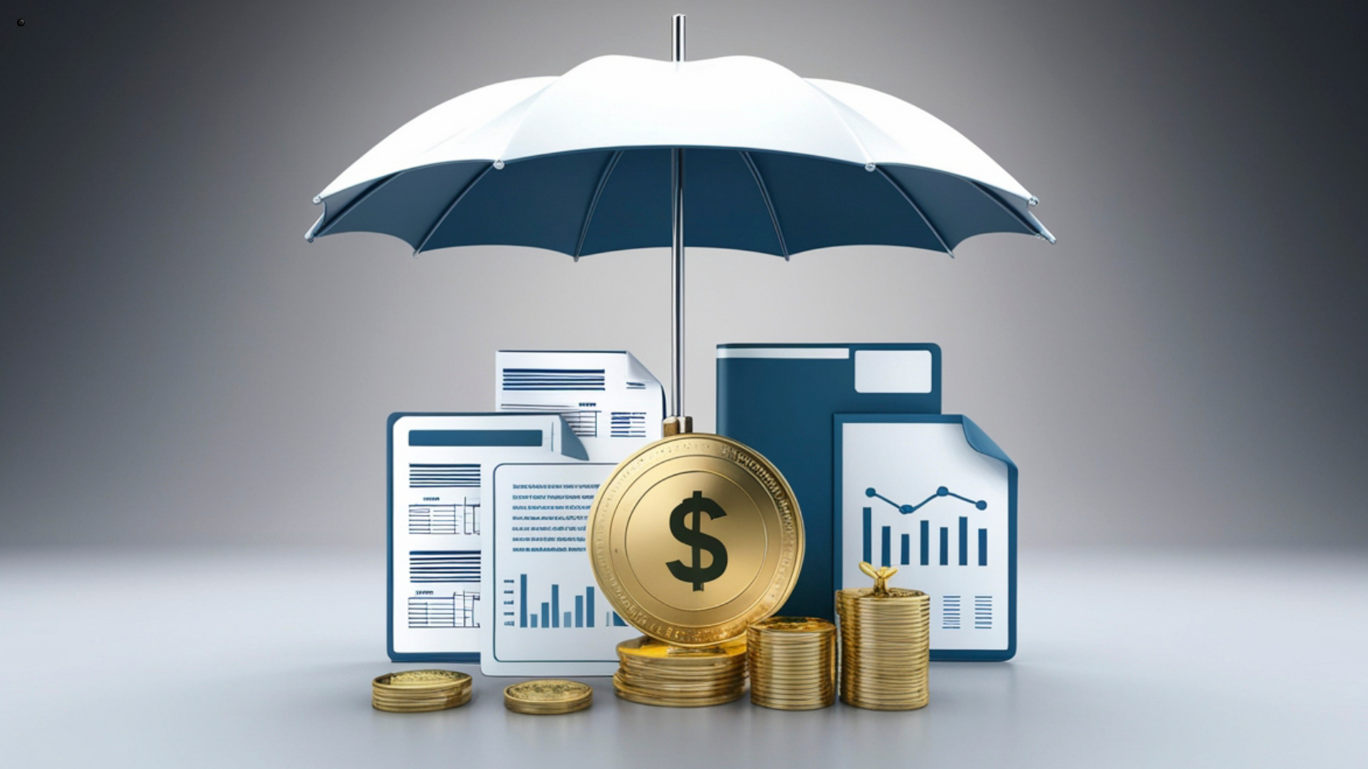 A symbolic representation of financial protection with a dollar coin under an umbrella, surrounded b