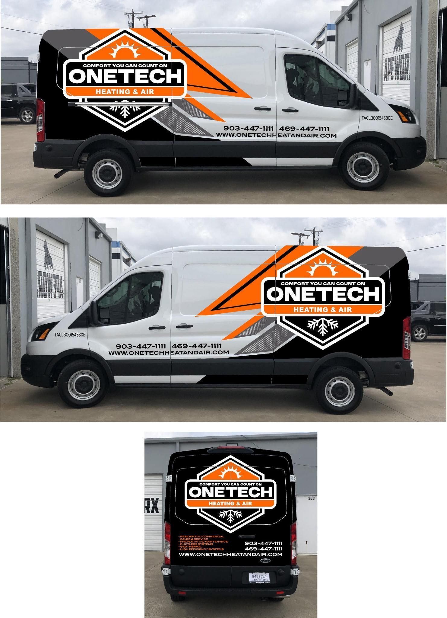 A white van featuring a black and orange geometric logo wrap for OneTech, shown from the left, right, and rear perspectives.